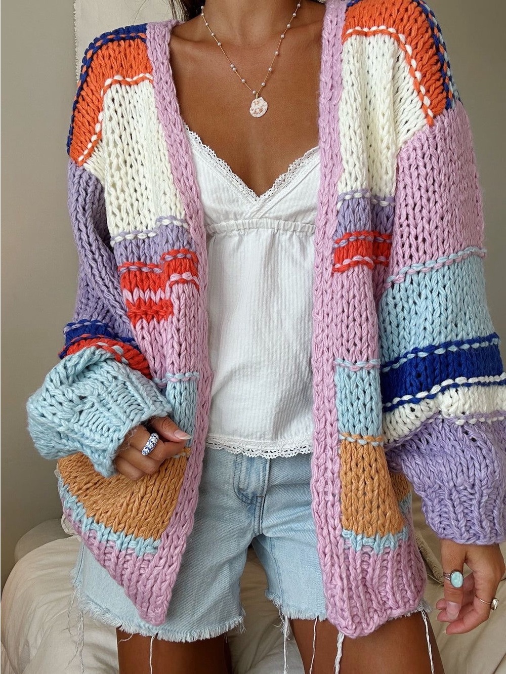 NWT Women Listicle Brand Hand Knit Multi Colored Cardigan Sweater. Size Small.